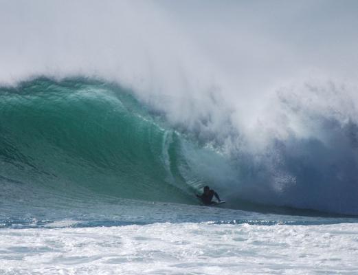 Wesley Potts, prone bottom turn at Hoek