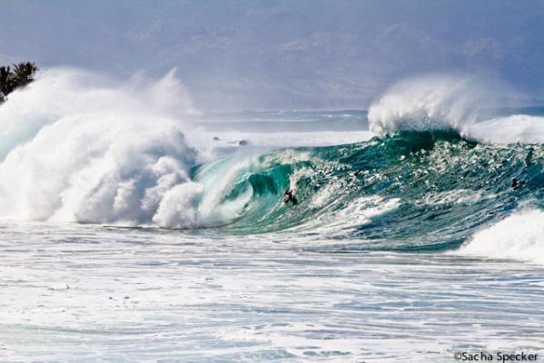 Mark Watts, take off at Waimea Shorebreak
